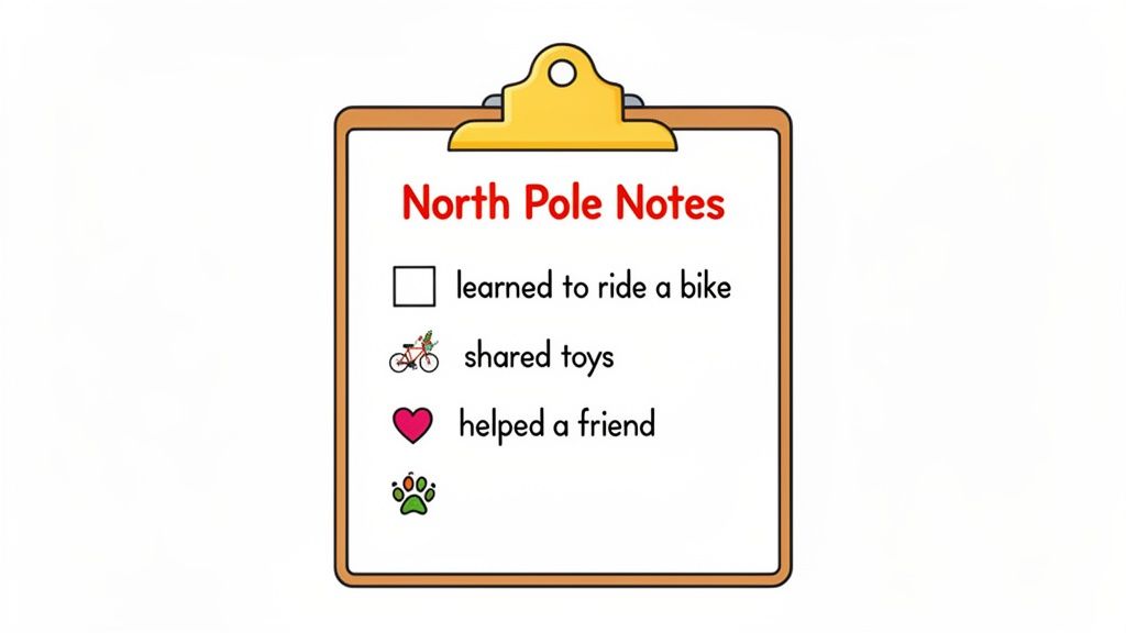 A clipboard with 'North Pole Notes' featuring a checklist for learned to ride a bike, shared toys, and helped a friend, plus a paw print.