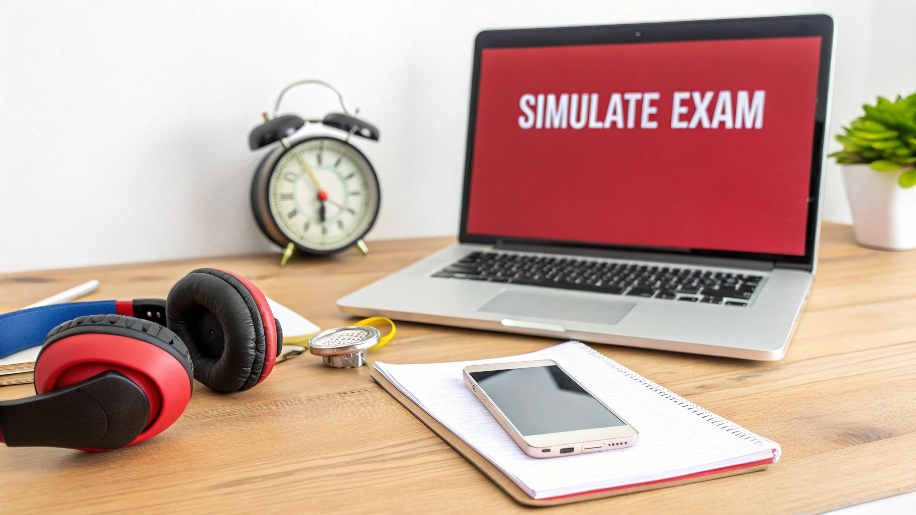 A desk with a laptop displaying 'SIMULATE EXAM', headphones, an alarm clock, and a smartphone.