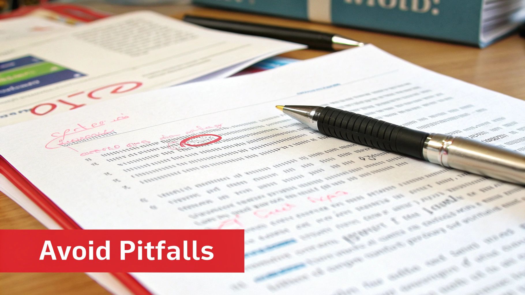 A document filled with red pen edits and a pen, next to a red banner saying 'Avoid Pitfalls'.