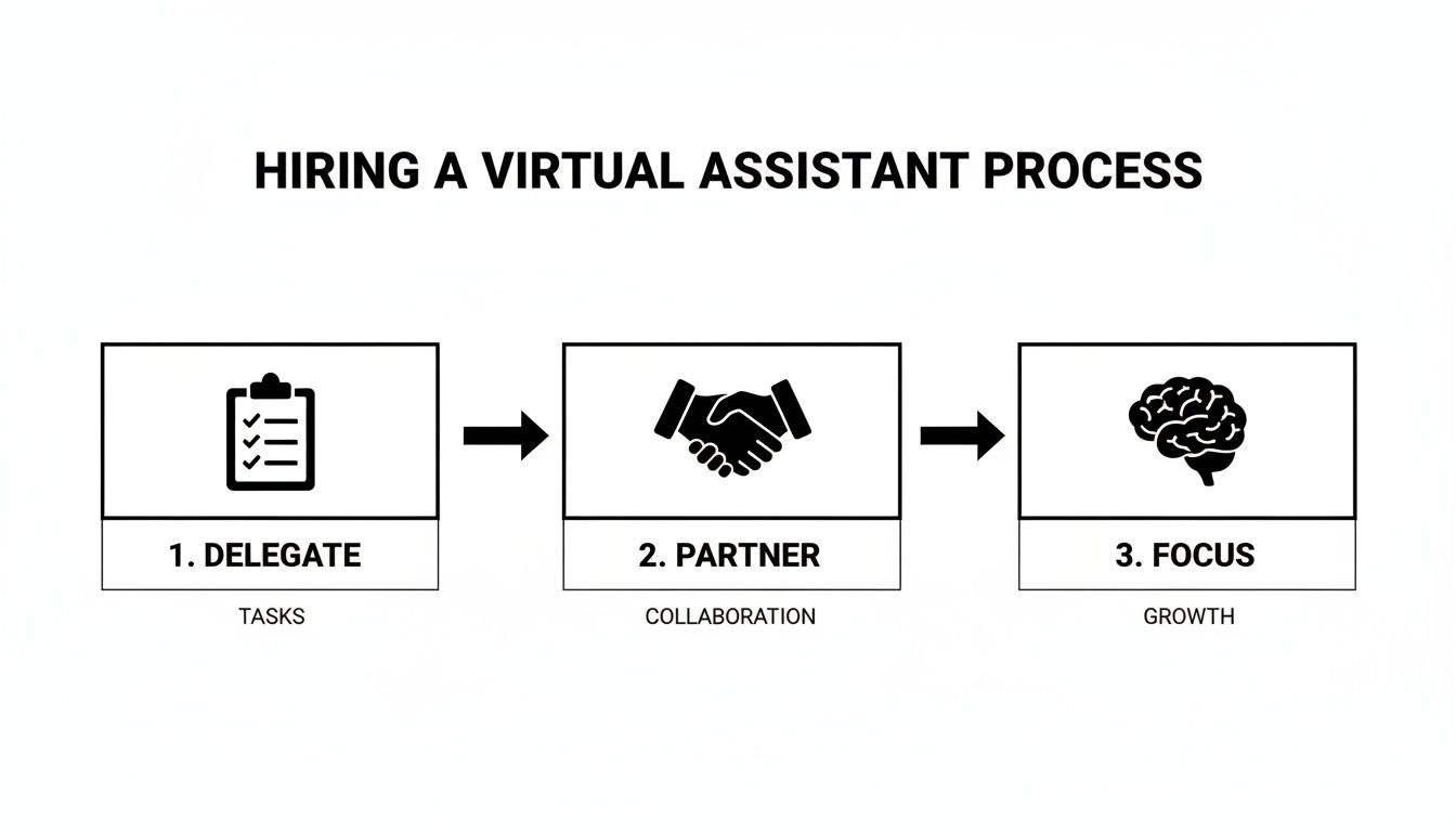 Infographic showing the 3-step process for hiring a virtual assistant: delegate tasks, partner for collaboration, and focus on growth.