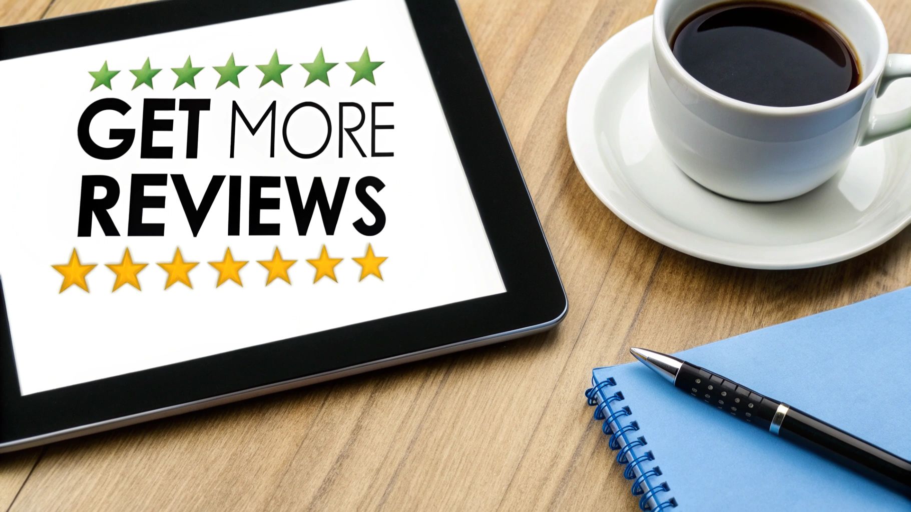 A person holding a phone showing five gold stars, representing a positive customer review.