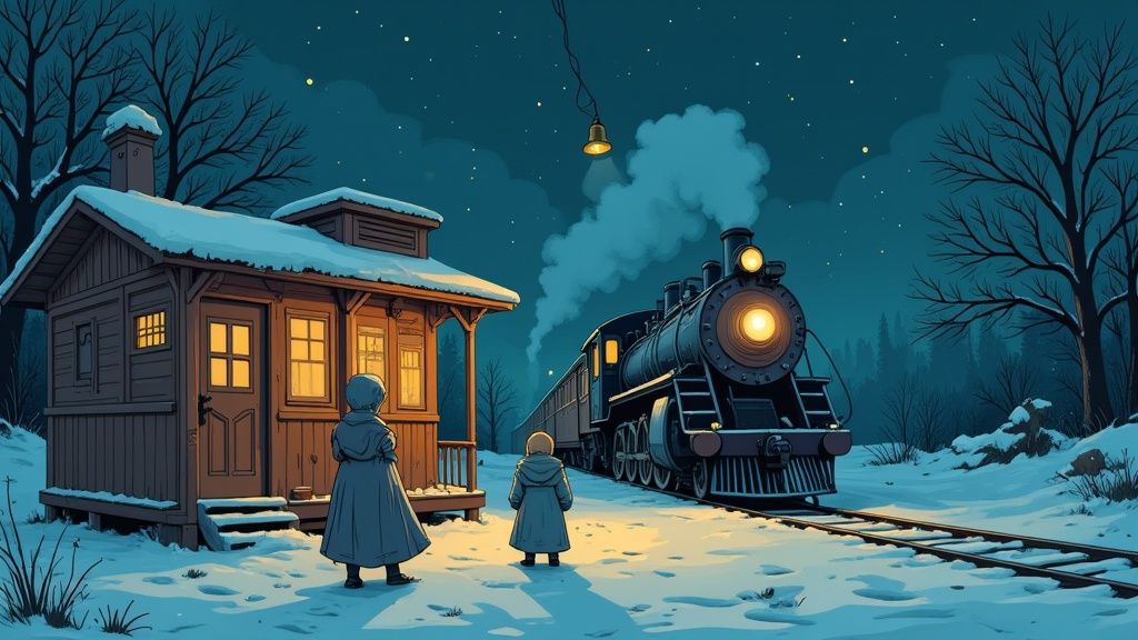 Two children watching steam train arrive at snowy station on winter night with glowing lights