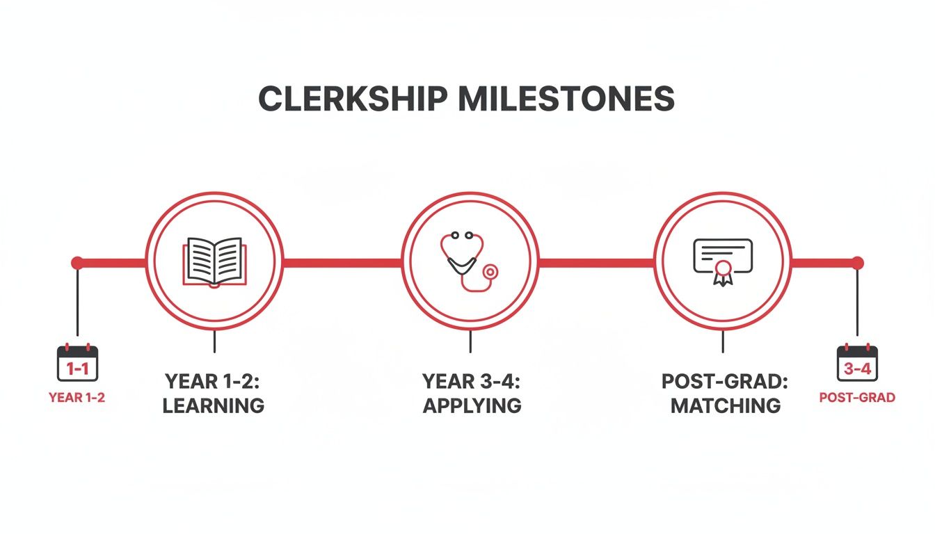 A timeline illustrating medical student clerkship milestones, covering learning, applying, and post-graduate matching.