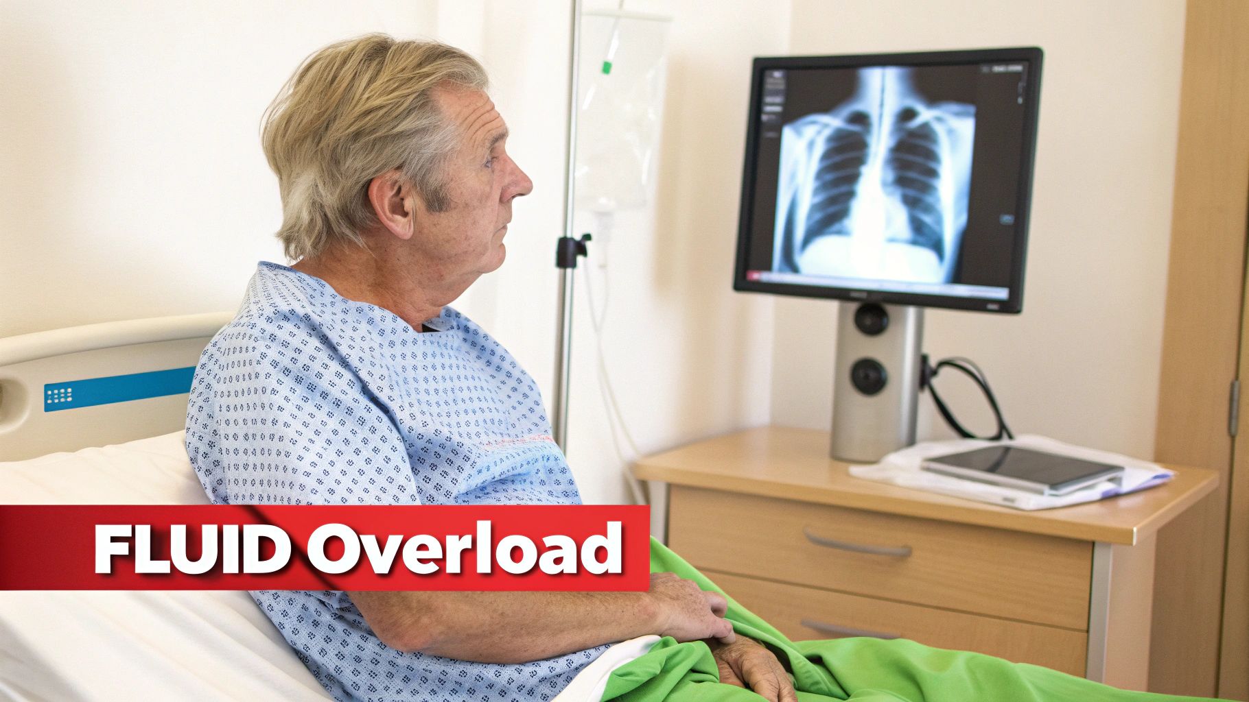 Patient in hospital gown viewing chest x-ray on monitor showing fluid overload in lungs