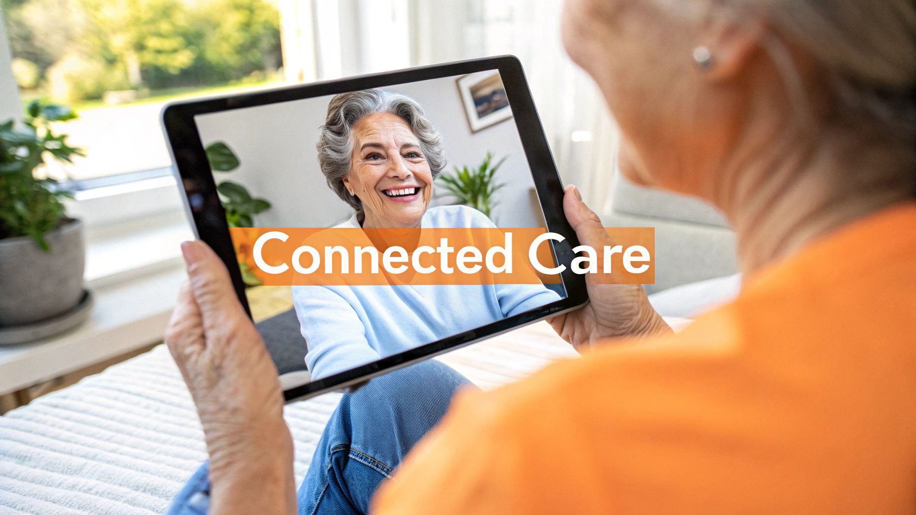 A senior person holding a tablet, video calling a smiling elderly woman, with "Connected Care" overlay.