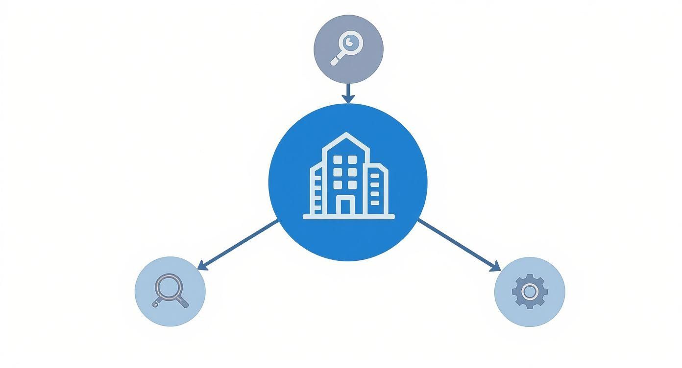 Infographic about business listings management, showing a central building icon with three spokes: Discover, Claim, and Optimize.