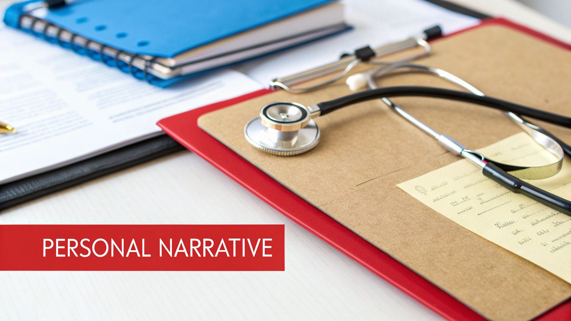 A stethoscope and medical documents on a desk with a 'PERSONAL NARRATIVE' banner, signifying a medical school application.