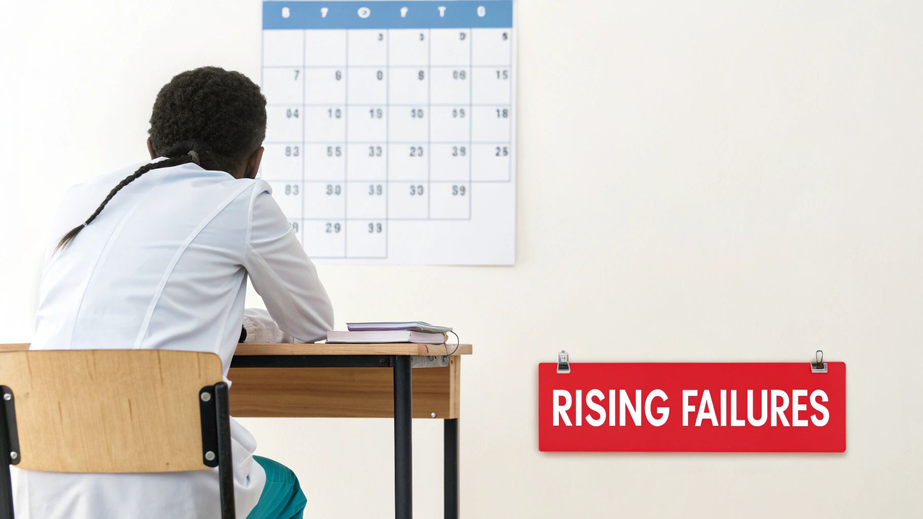 Student sits at a desk, facing a calendar with a 'Rising Failures' sign on the wall.