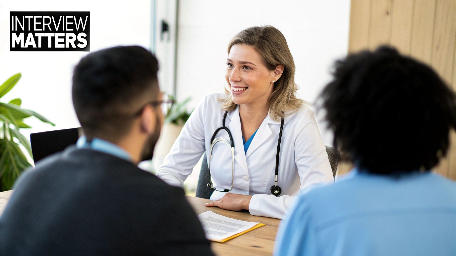 A diverse group of medical professionals having a discussion in a well-lit modern hospital setting, conveying collaboration and communication.