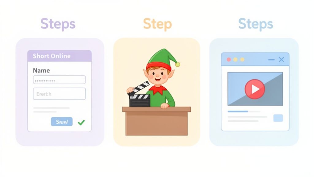 Cartoon showing a three-step online video message creation, from form to filming elf to playback.