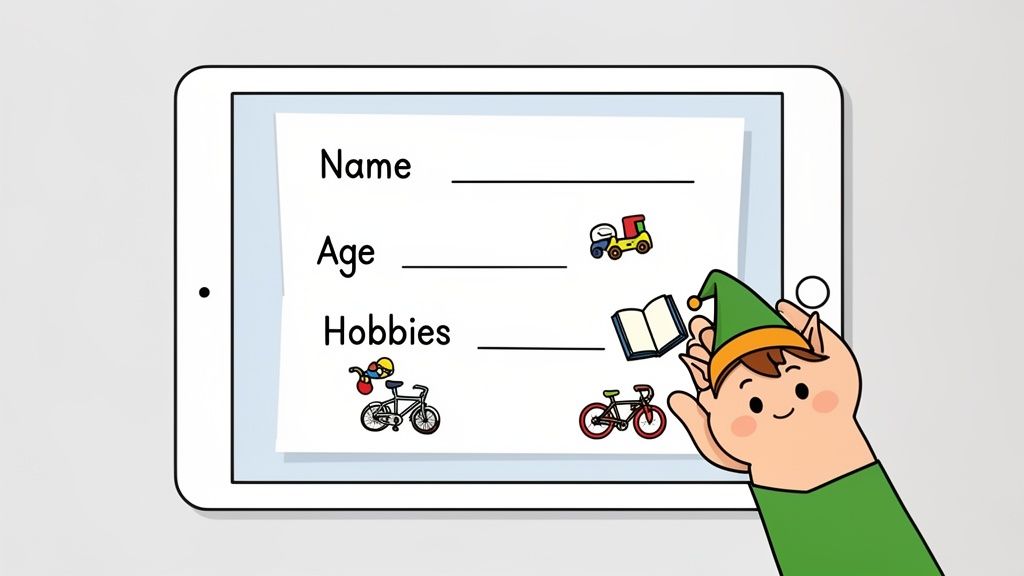 An elf's hand writes on a tablet showing a digital form for name, age, and hobbies.