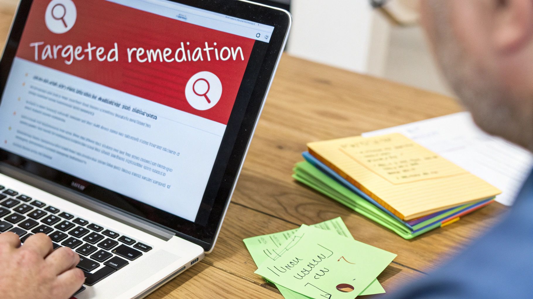 A person types on a laptop showing 'Targeted remediation' on screen, alongside office supplies on a wooden desk.