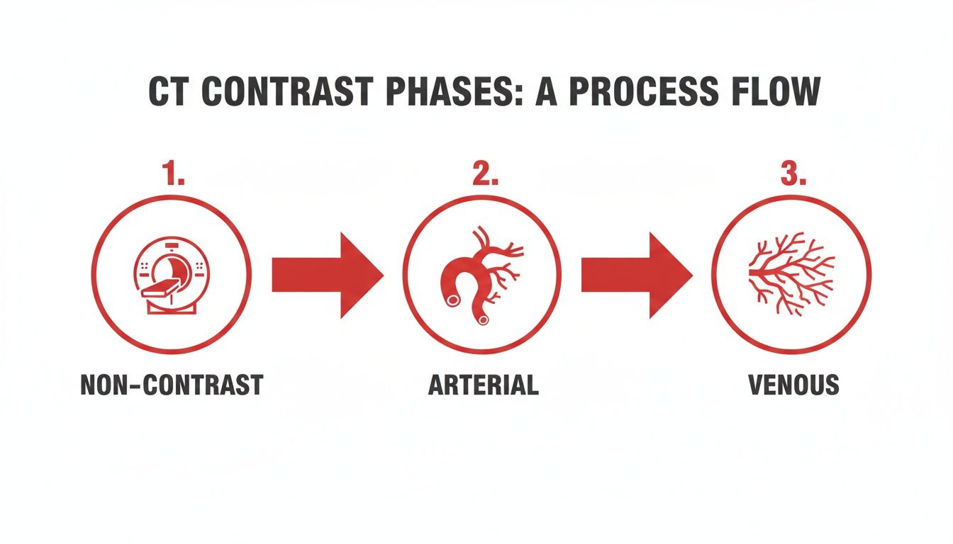A diagram illustrating the three CT contrast phases: non-contrast, arterial, and venous, in a process flow.