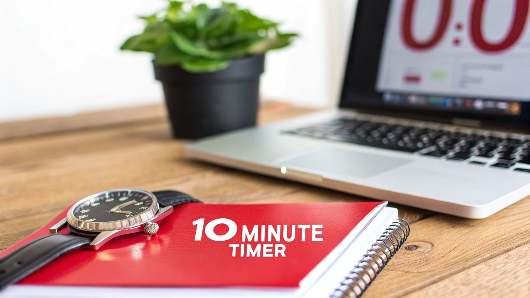 A desk with a laptop displaying a timer, a plant, a watch, and a notebook titled '10 MINUTE TIMER'.