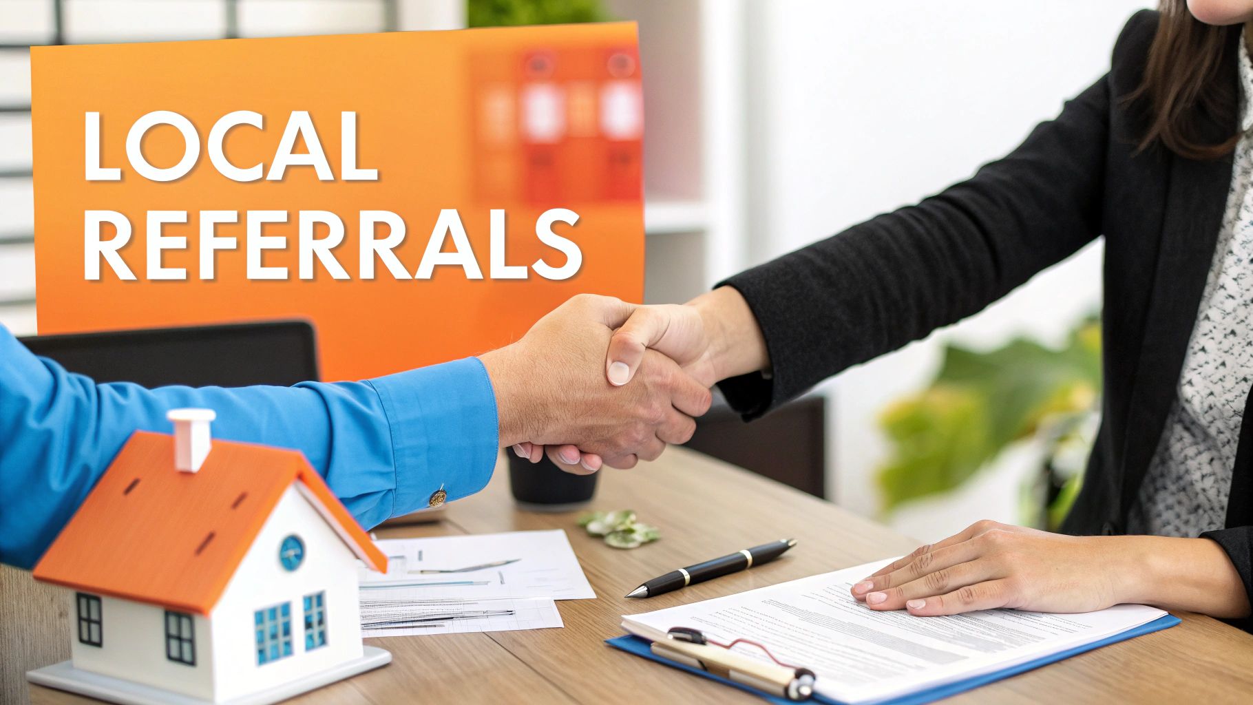 Two business people shaking hands over a desk with a house model and a 'LOCAL REFERRALS' sign.