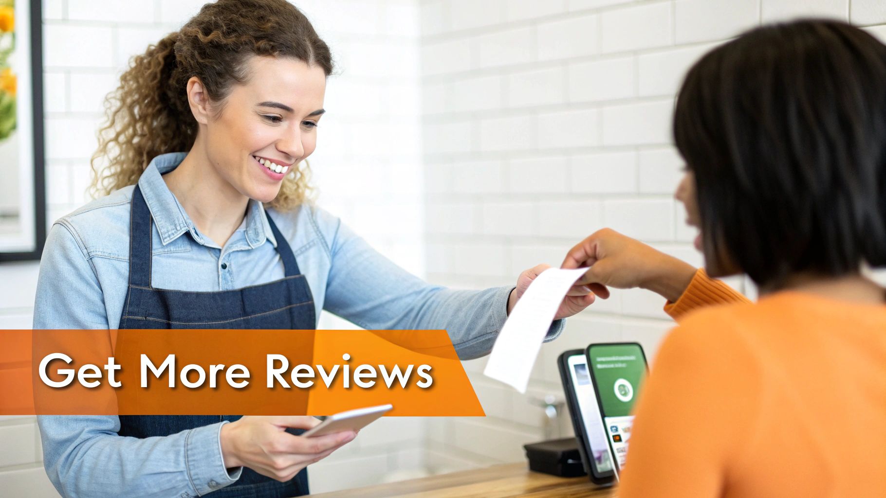 A smiling barista in an apron hands a receipt to a customer, symbolizing a prompt for reviews.