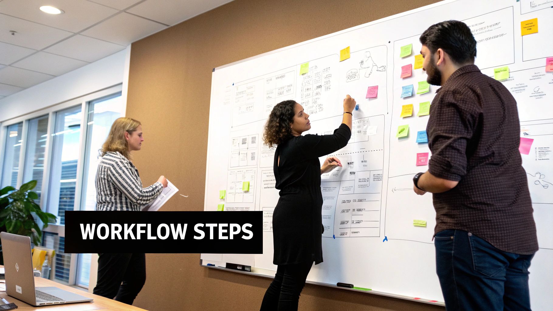 A team of SEO specialists and writers collaborates on a content strategy, analyzing data on a large screen in a modern office setting.