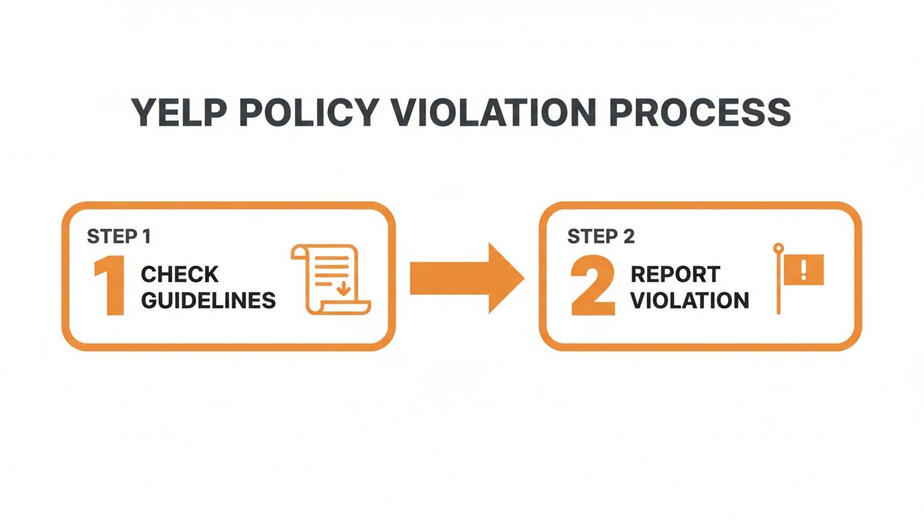 A two-step process diagram illustrating how to report Yelp policy violations.