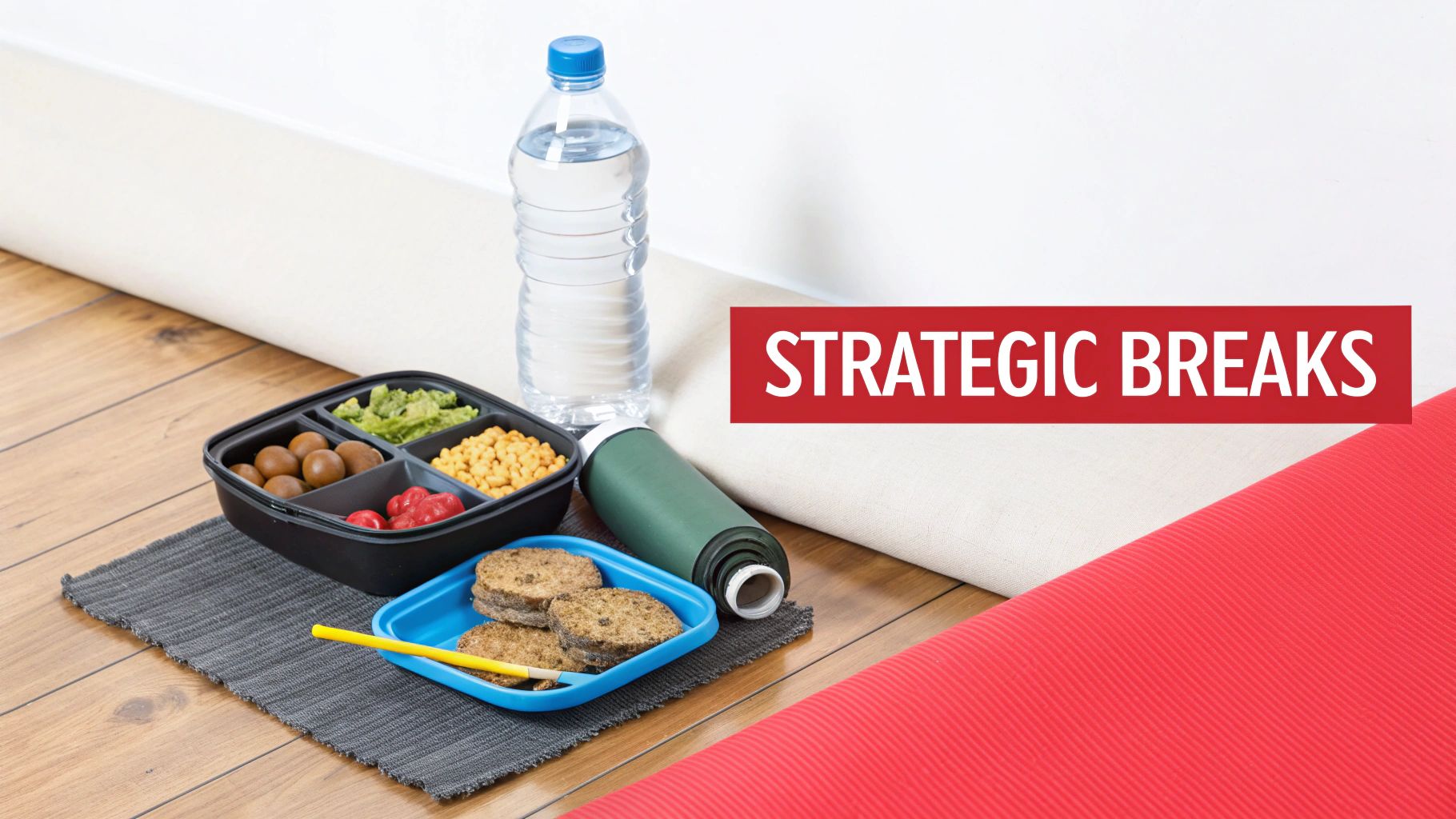Healthy meal prep containers with water bottle and yoga mat for strategic study breaks