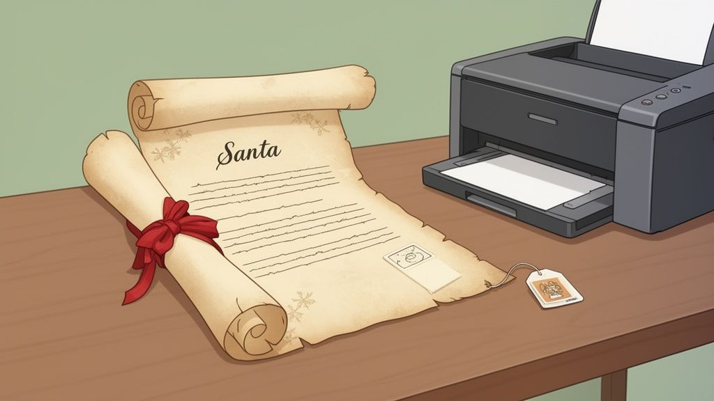 A detailed cartoon illustration of a rolled-up Santa letter with a red ribbon on a wooden desk next to a printer.