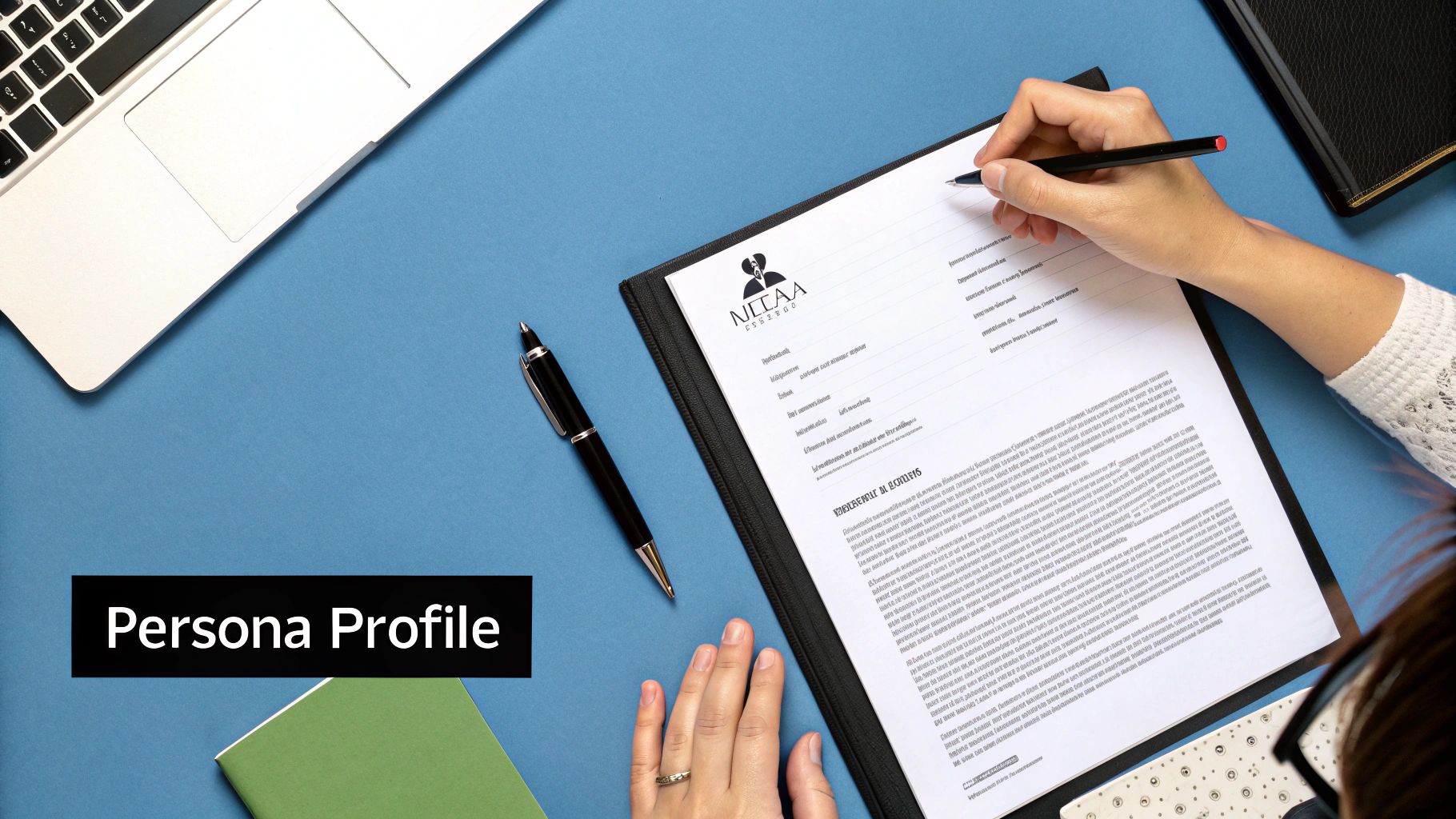 A professional-looking buyer persona document laid out on a desk with charts and notes.