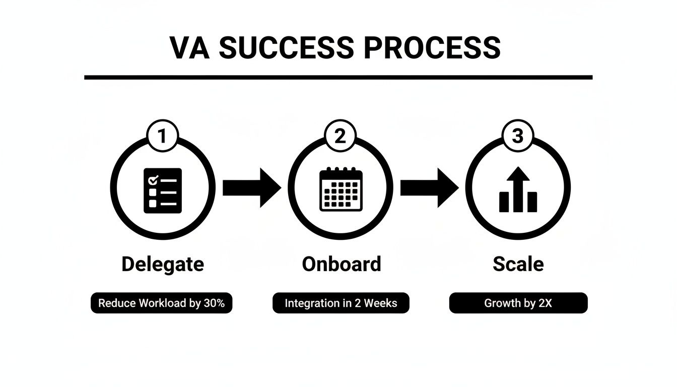 A three-step VA success process showing delegate, onboard, and scale with associated benefits.