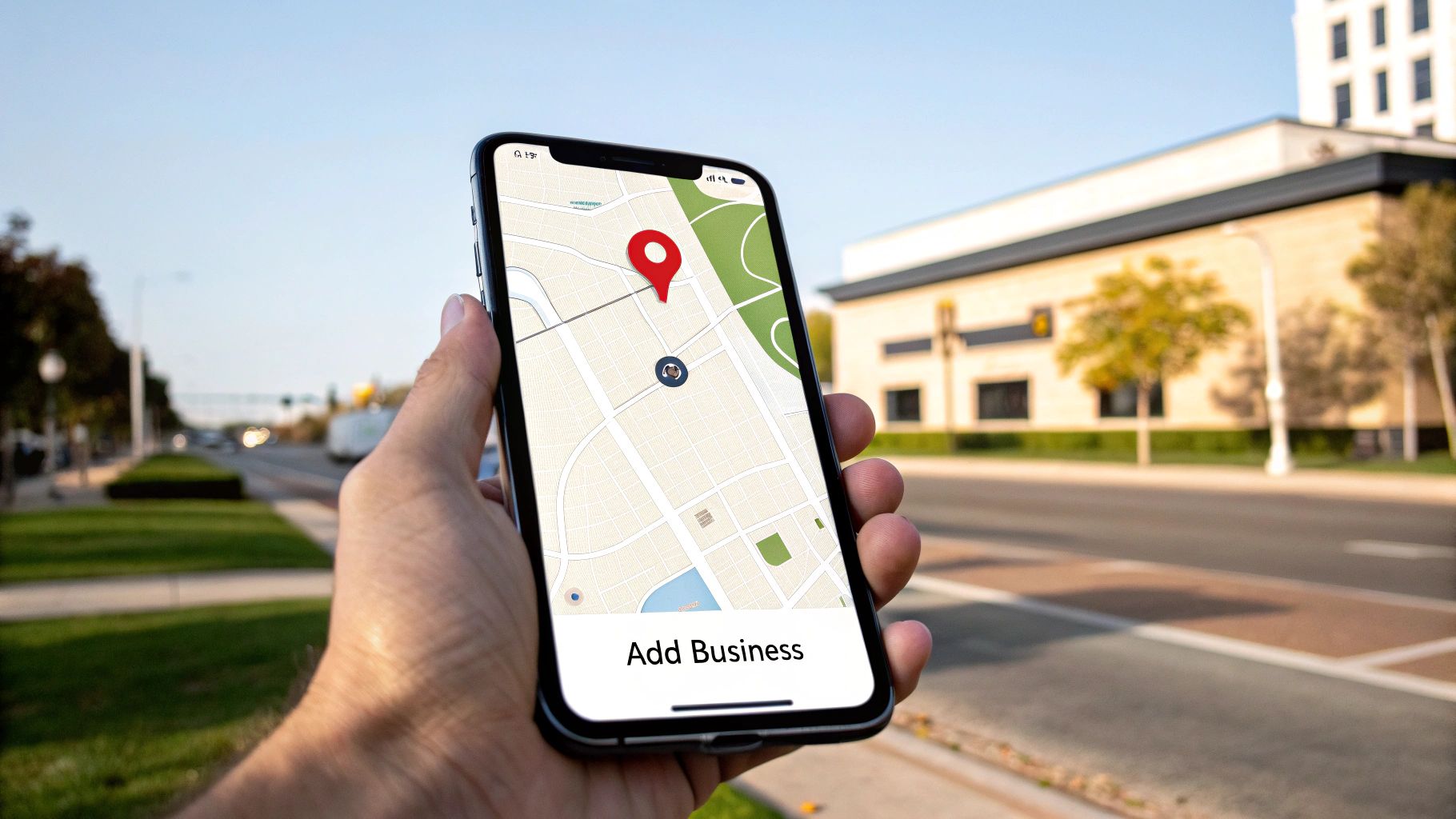 A smartphone displaying Apple Maps with a pin dropped on a business location, highlighting the user interface.