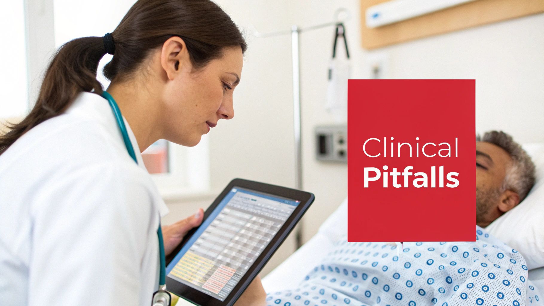 Doctor reviews patient data on a tablet in a hospital room, with a patient and 'Clinical Pitfalls' overlay.