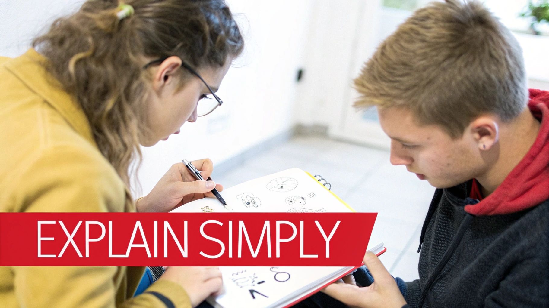 Two students collaborating and taking notes while studying together with notebooks and sketches