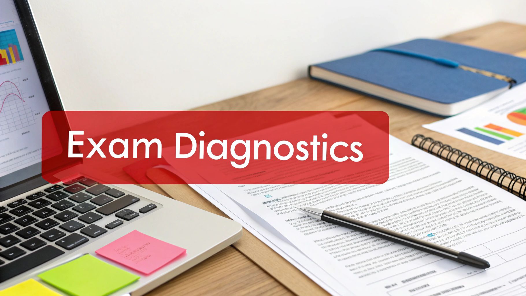 A study desk with a laptop, documents, and a prominent red banner displaying 'Exam Diagnostics'.