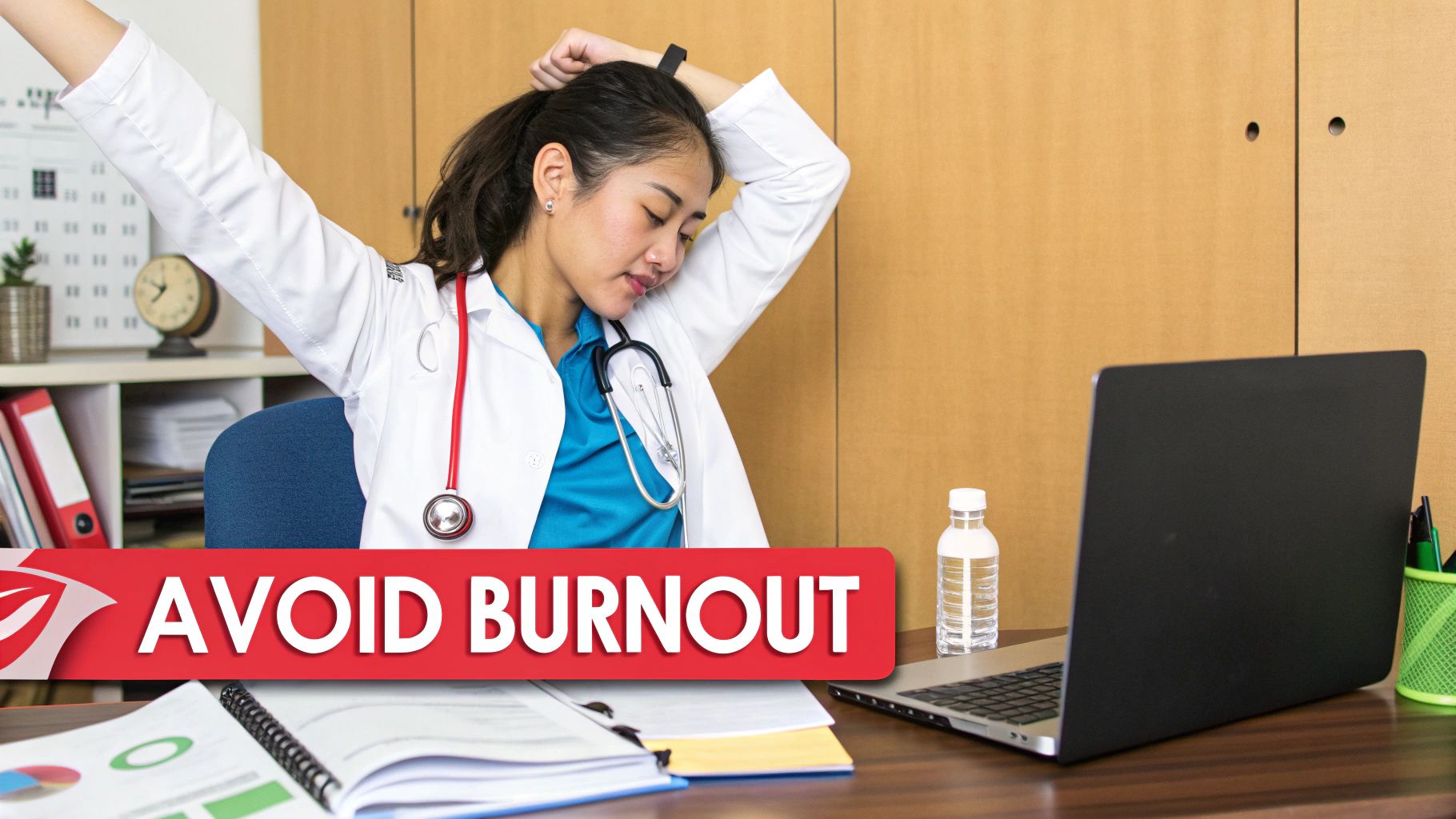 A female doctor in scrubs and lab coat stretches at her desk, avoiding burnout.