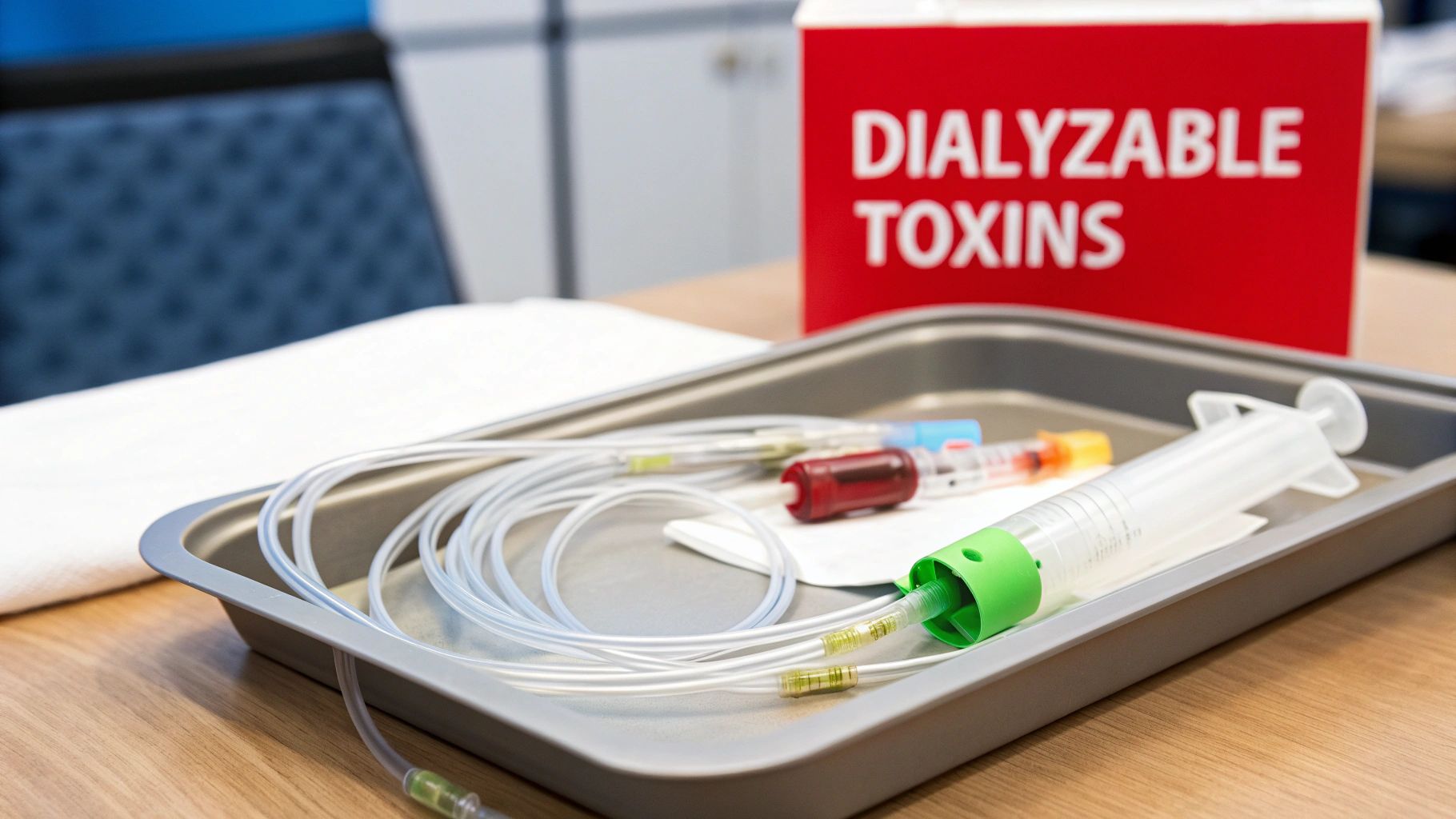 Dialysis tubing and medical equipment on tray with red dialyzable toxins warning sign