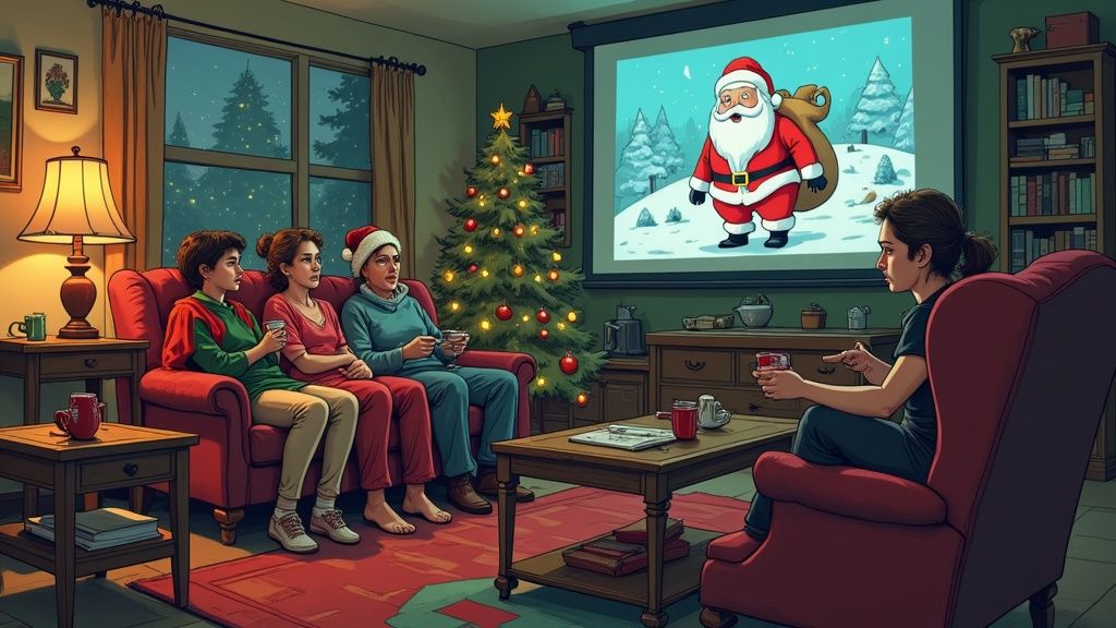 An illustration of different scenarios for sharing a personalized Santa video message, such as on a TV on Christmas Eve or on a tablet in a classroom.