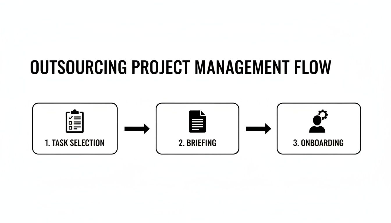 A flowchart showing the three-step outsourcing project management process: Task Selection, Briefing, and Onboarding.