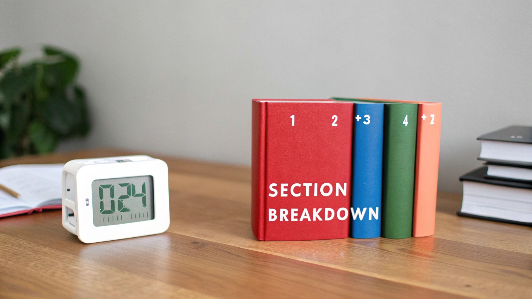 A desk with a digital timer showing 0:24 and colorful books labeled 'SECTION BREAKDOWN' for MCAT study.