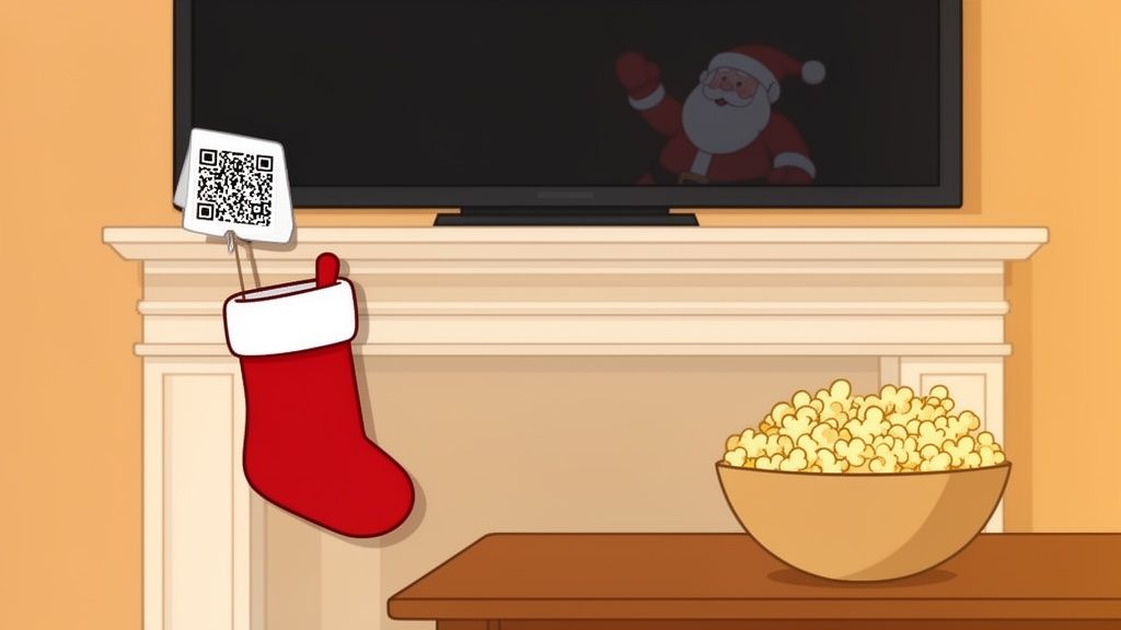 A Christmas scene featuring a TV with Santa, a QR code on a stocking, and a bowl of popcorn.