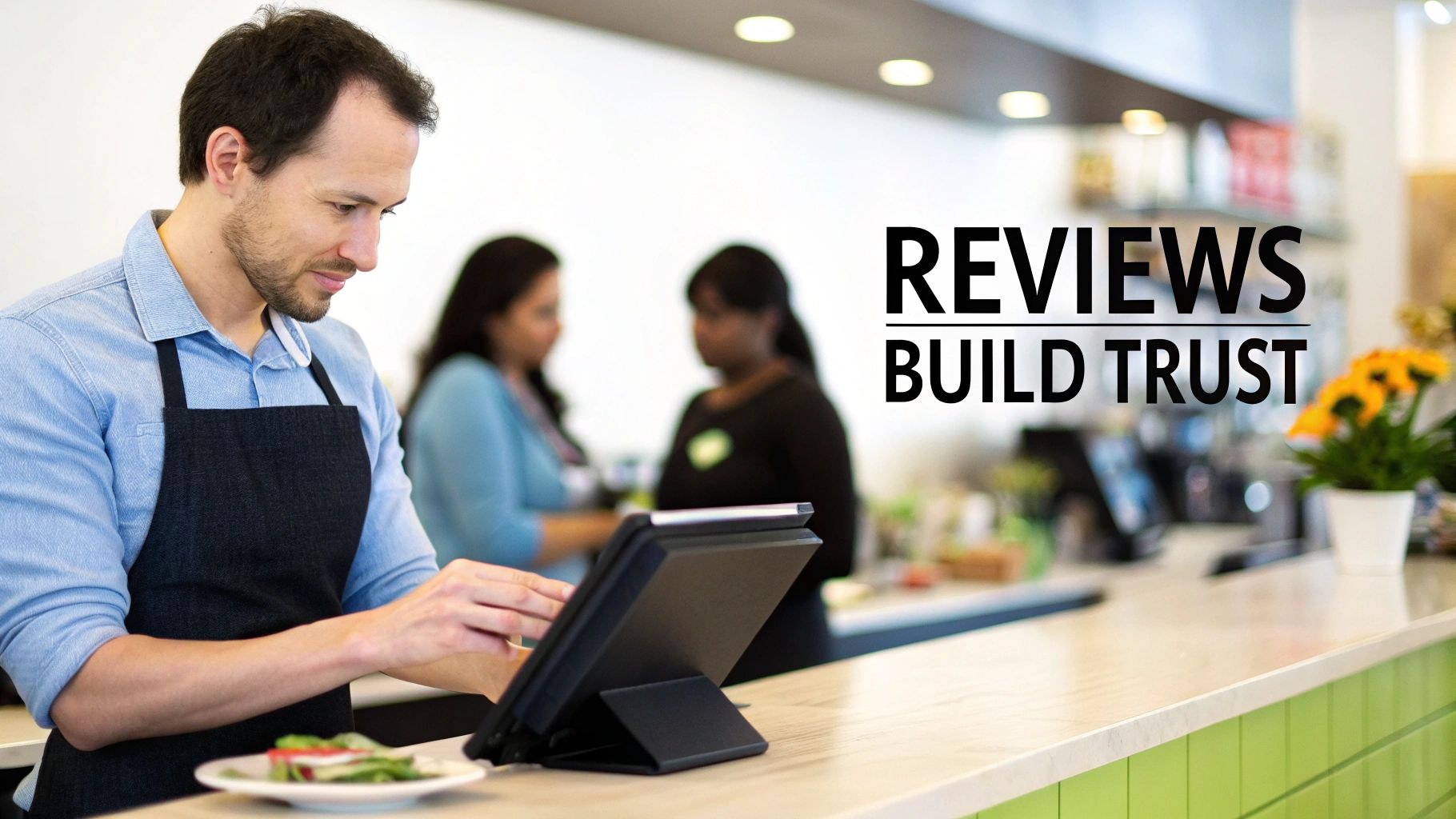 A person responding to online customer reviews on a laptop, demonstrating a review and response strategy.