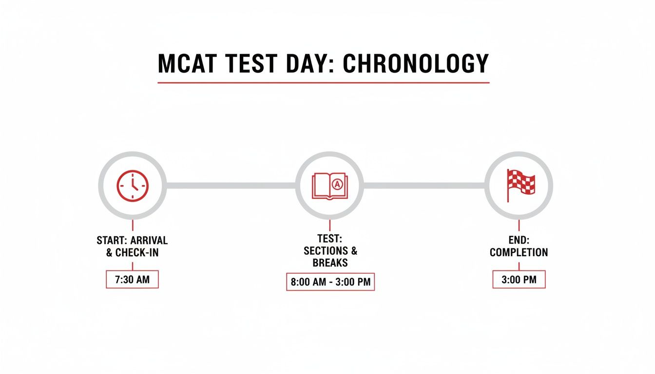 Timeline showing MCAT test day chronology, including arrival, test sections, breaks, and completion.