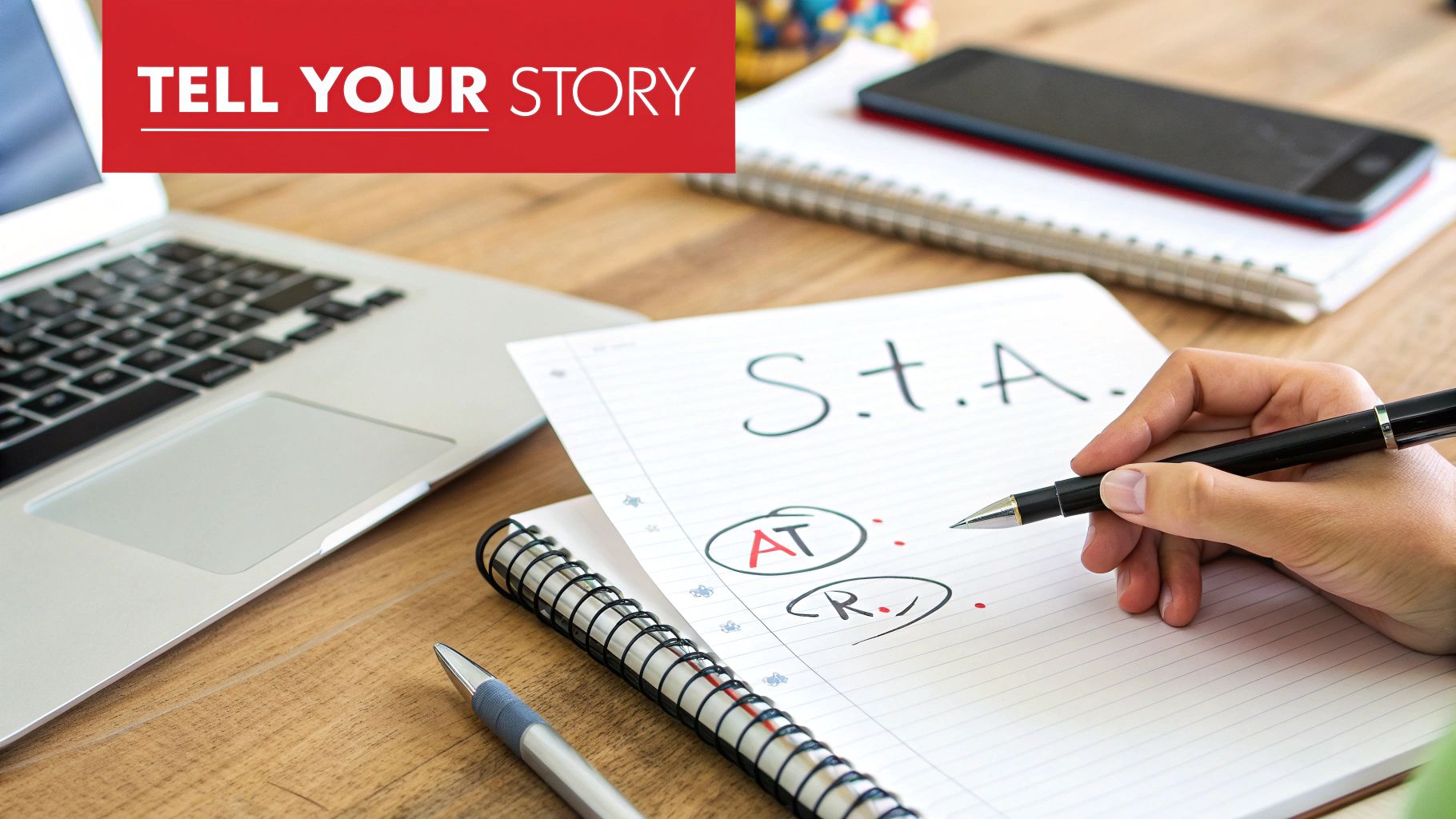 A person writing 'STAR' method notes in a notebook on a desk with a laptop and phone, with 'Tell Your Story' banner.