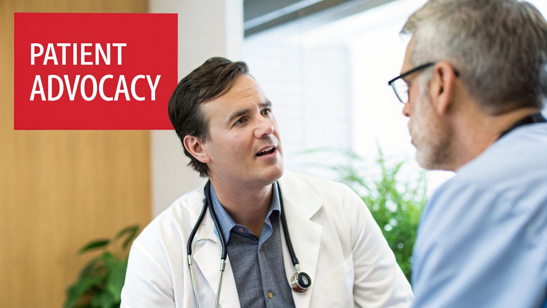 A male doctor in a white coat with a stethoscope talks to another person, with the text "PATIENT ADVOCACY".