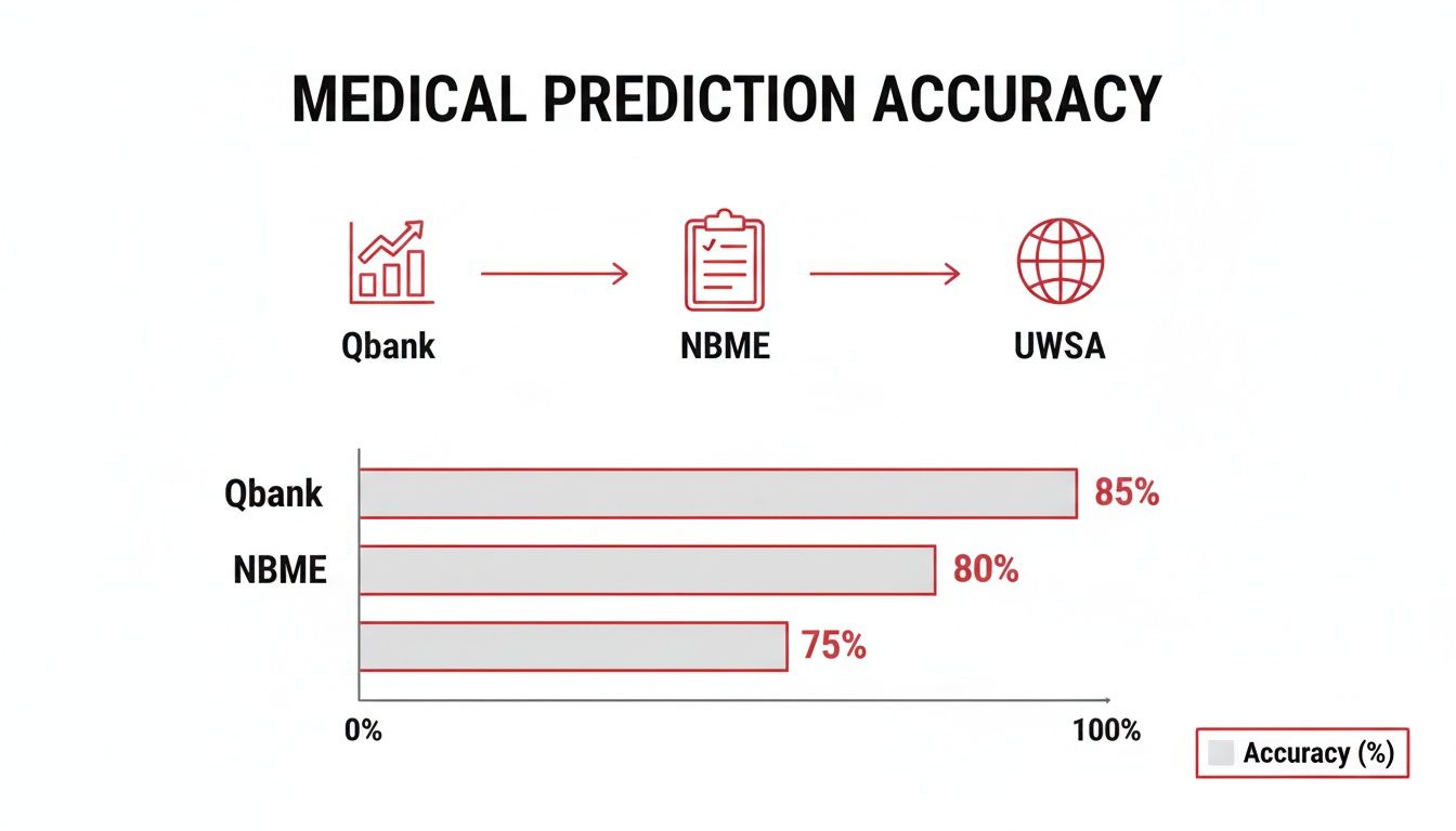 Horizontal bar chart showing medical prediction accuracy for Qbank, NBME, and UWSA platforms.