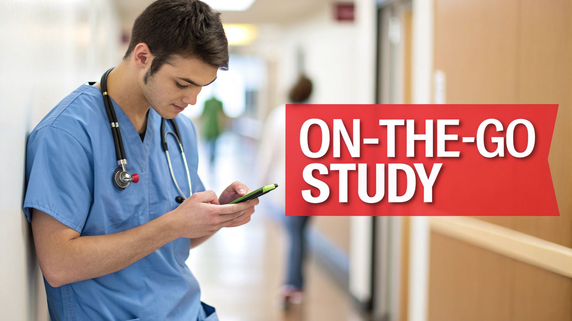 A medical student in scrubs studying on a tablet during a break in a hospital hallway.