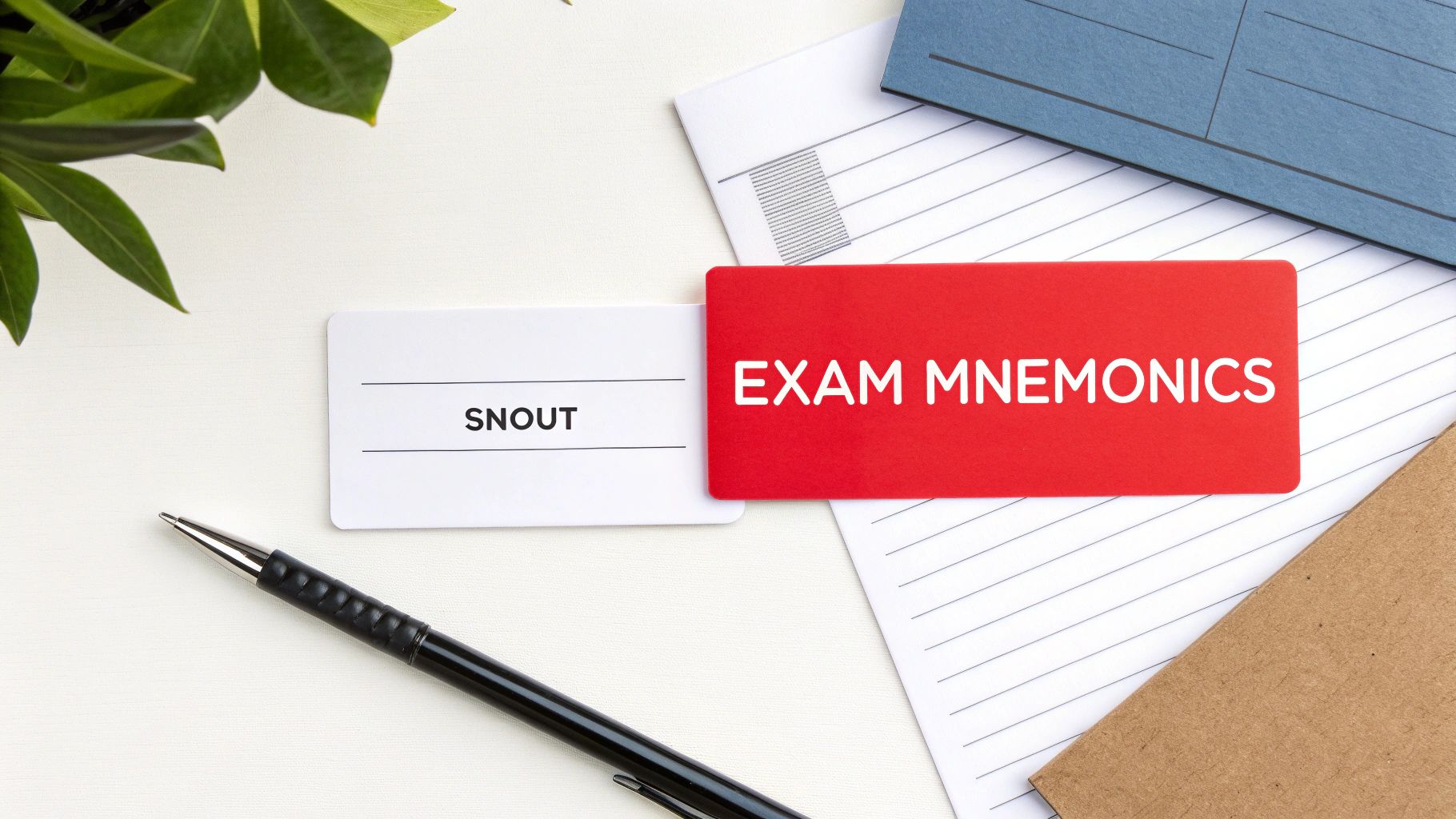 A white flashcard with 'SNOUT' and a red flashcard with 'EXAM MNEMONICS' on a desk with a pen and plant.