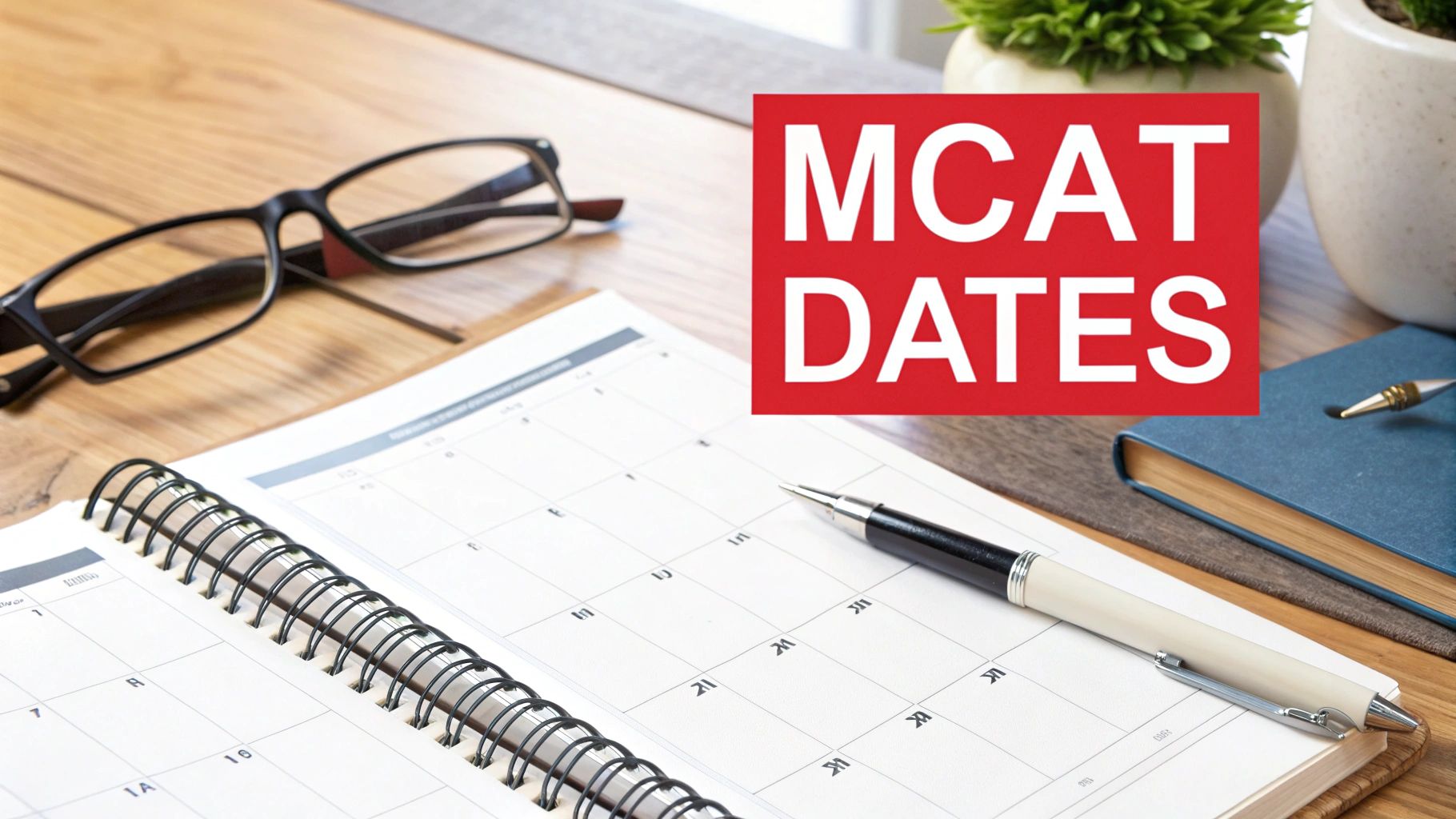 A calendar, glasses, and a pen on a wooden desk, with a red box showing 'MCAT DATES'.