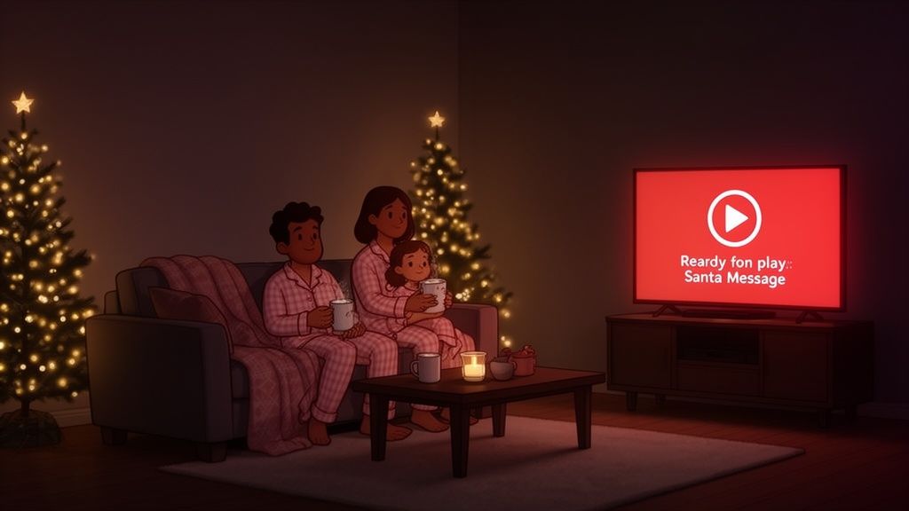 A family in pajamas watches a 'Santa Message' video on TV by Christmas trees.