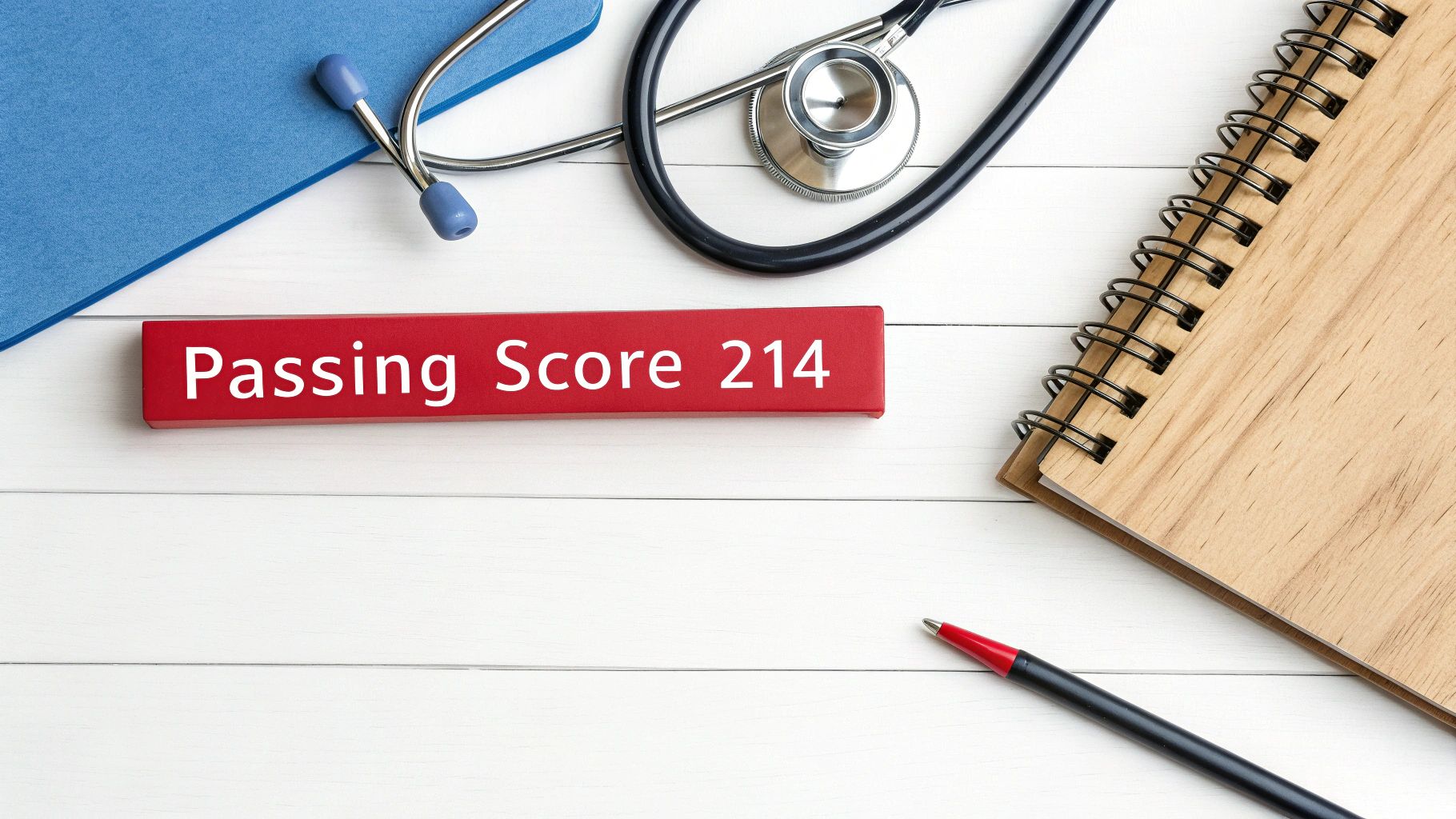 A red sign displays 'Passing Score 214' surrounded by medical study supplies.
