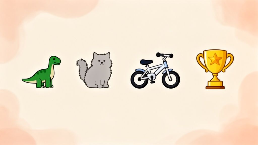 Four cartoon items on a light background: a green dinosaur, a grey cat, a blue and white bicycle, and a golden trophy.