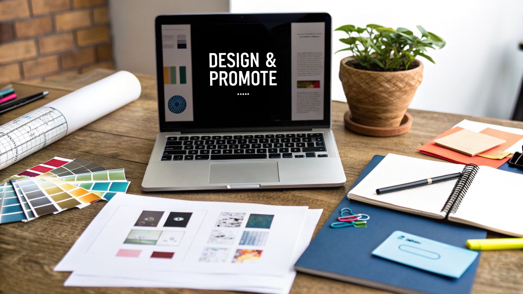 A person's hands placing professionally designed pages of a white paper on a desk, with a laptop showing a promotion plan in the background.