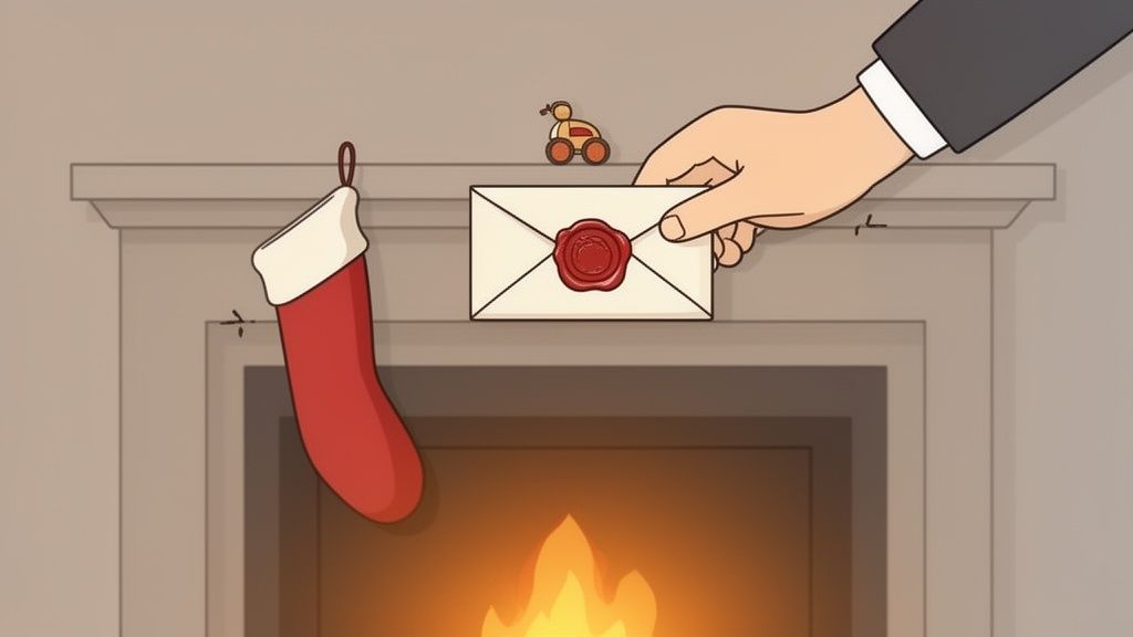 A hand places a sealed letter on a fireplace mantel beside a red Christmas stocking, above a warm fire.