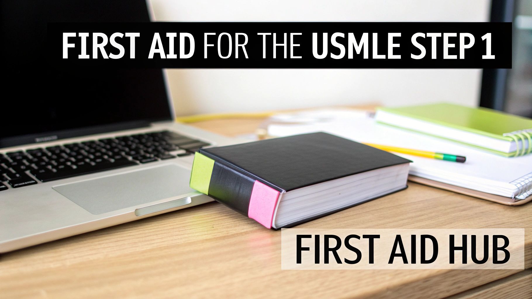 A student studying with the First Aid textbook, surrounded by other study materials, highlighting its central role.